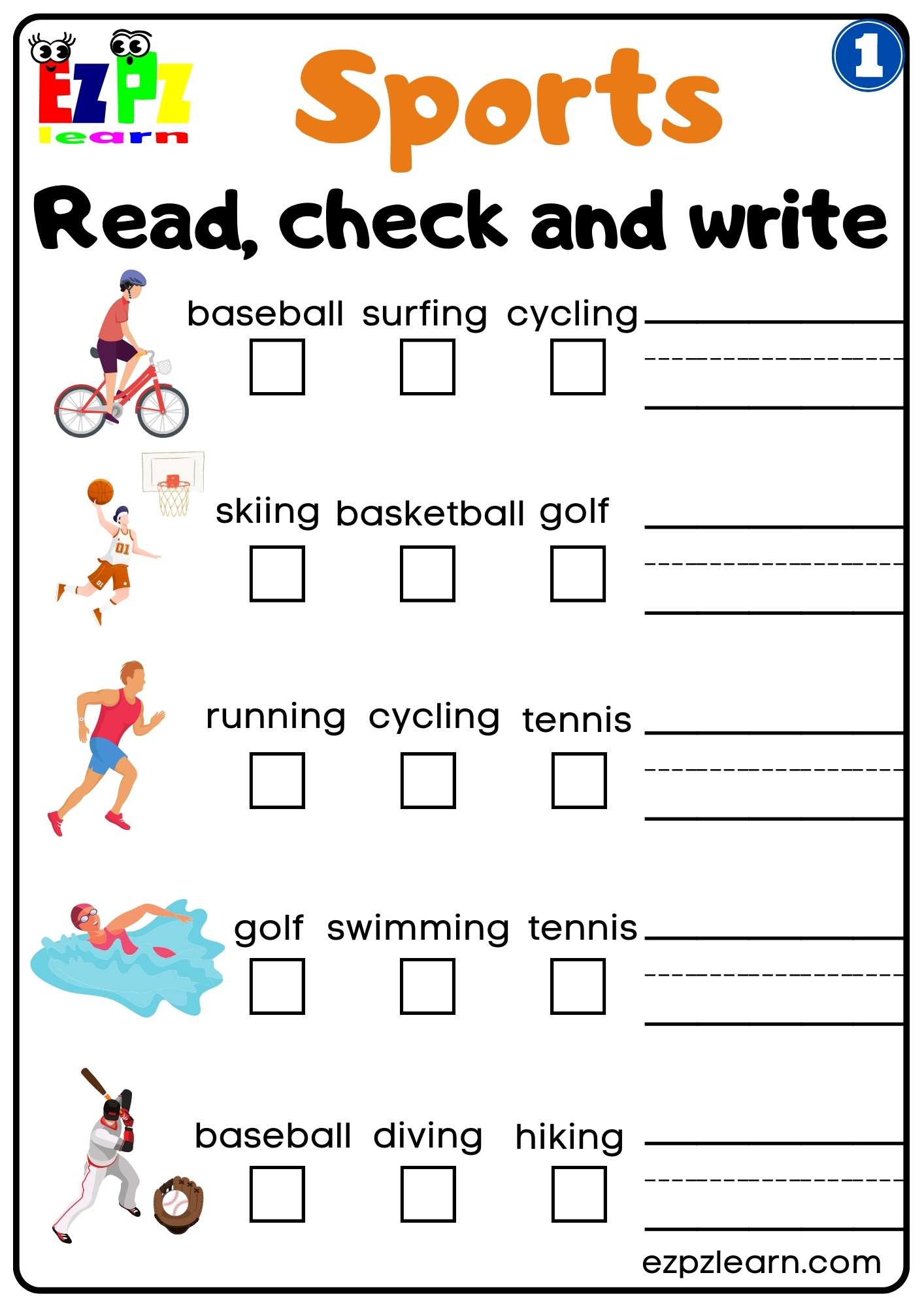 Group 1 Sports Read and Write Worksheet for K5 Kids and ESL Students